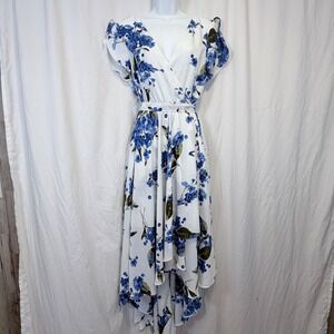 Lulus Maxi Dress Floral High-Low Faux Wrap White Blue Flutter Sleeve Large